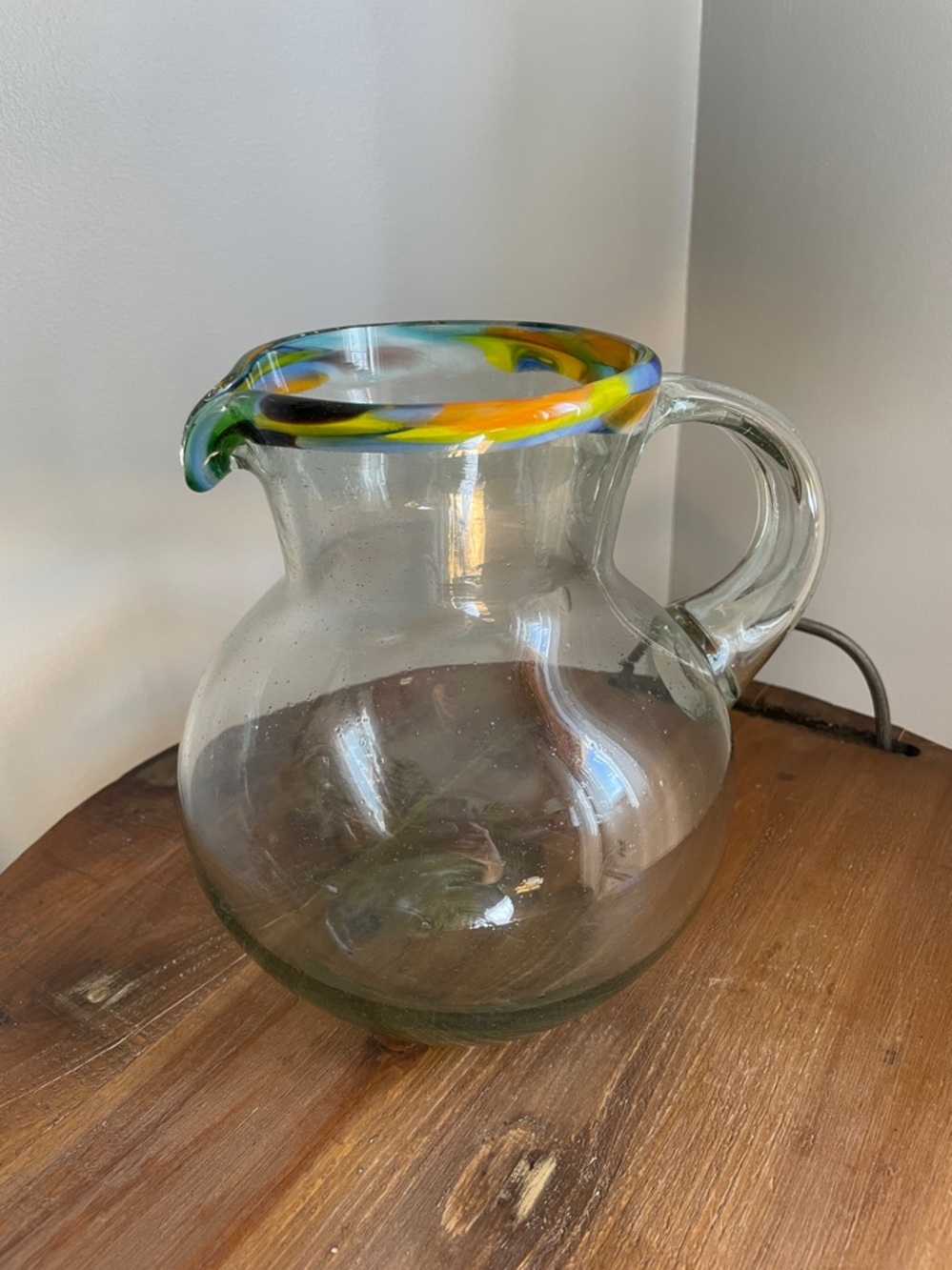 Mexican Recycled Clear Glass Pitcher with Colorful Rim - Picture 3 of 7